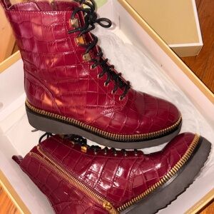 Michael Kors Burgundy Croc-Embossed Lace-Up Combat Boots